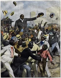 Le boxeur Jack Johnson arrivé à Chicago en 1910. Illustration par Achille Beltrame pour La Domenica del Corriere.