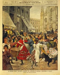 Grève des enfants connue sous le nom de Piscinine dans les ateliers de couture et de chapellerie à Milan, illustration par Achille Beltrame, La Domenica del Corriere, 29 juin 1902