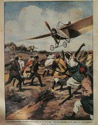 Illustration de couverture du capitaine Moizo tentant un atterrissage forcé pendant la campagne africaine, par Achille Beltrame, de La Domenica del Corriere, 22 septembre 1912