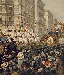 Foules pendant le carnaval à Naples, par Achille Beltrame, illustration, Illustrateur Achille Beltrame (1871-1945), de La Domenica del Corriere, 31 janvier 1904