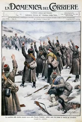 Défaite de la dixième armée russe en Prusse orientale : soldats russes levant les bras en signe de reddition, planche par Achille Beltrame de La Domenica del Corriere, 28 février-7 mars 1915