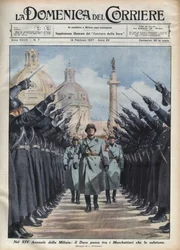 Le Duce Benito Mussolini passe en revue les « mousquetaires » de la Milice volontaire pour la sécurité nationale à Rome. Illustration d
