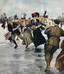 Passetemps en vogue, patinage sur glace, illustration par Achille Beltrame, de La Domenica del Corriere, 27 janvier