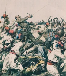 Attaque éthiopienne sur la garnison de Lugh et meurtre du capitaine Bongiovanni, illustration de Achille Beltrame, de La Domenica del Corriere