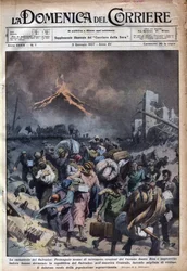 Exode de la population du Salvador après le tremblement de terre et les éruptions du volcan Santa Rita. Illustration d