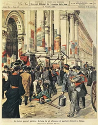 Élections générales à Milan : confrontations entre personnes collant des affiches politiques à Milan, par Achille Beltrame, de La Domenica del Corriere