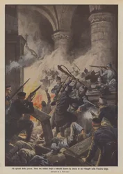 Épisodes de la guerre, lutte entre soldats belges et allemands dans une église de village en Flandre belge