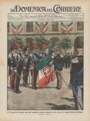 Le roi accroche à la bannière des élèves carabiniers, à Rome, la médaille de la valeur militaire