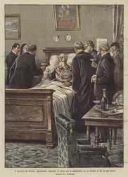 Le général De Sonnaz, agonisant, vêtu de son uniforme avec les décorations, porte un toast au Roi et à la Patrie