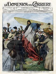 Jacques de Lesseps (1883-1927) à son arrivée au Canada en 1910. Illustration par Achille Beltrame pour la "Domenica del Corriere" du 24 juillet