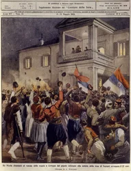 Le roi Nicolas Ier du Monténégro devant une foule à Cetinje après la reddition de la ville de Shkodra, 4 mai