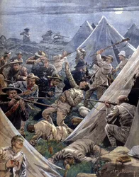 La guerre des Boers ou guerre du Transvaal en Afrique du Sud opposant les Anglais aux Boers : ces derniers ont attaqué un camp anglais à Tweenfontein. Illustration de Beltrame. La Domenica del Corriere. 1902