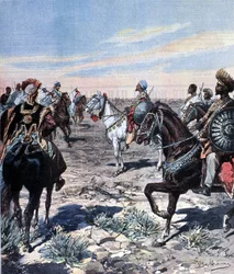 Le capitaine Mozzetti sur le camp du Ras Makonnen (Mekonnen Welde Mikael) (Abba Qagnew) (1852-1906) en Éthiopie. Illustration de Beltrame. La Domenica del corriere. 1899