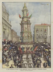 Les fêtes traditionnelles du peuple, le char monumental conduit en procession à Casteltermini (Girgenti)