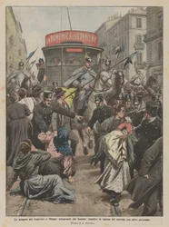 La grève des tramways à Milan, grévistes tentant d