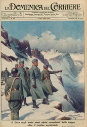 MUSSOLINI DANS LES ALPES - Benito MUSSOLINI surveille les passes alpines escarpées que ses troupes ont vaillamment conquises en juillet 1940 - Domenica del Corriere 1940 - Achille Beltrame