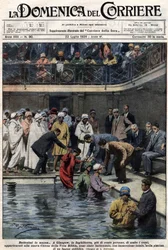 Baptêmes de masse : à Glasgow, en Écosse, plus de cent personnes, membres de la nouvelle Église de la Vraie Bible, ont été baptisées dans la piscine municipale. Illustration de Beltrame. La Domenica del Corriere. 22/07/1928