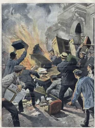 Crise du vin du Midi en 1907 : les vignerons incendient la mairie de Béziers (Hérault). Illustration d