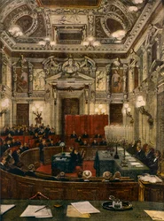 Nouvelle séance du conseil municipal de Milan, par Achille Beltrame, de La Domenica del Corriere