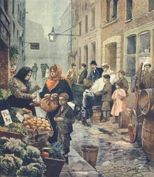 Une des rues les plus caractéristiques du quartier italien, Soffron Hill, Londres, par Achille Beltrame, de La Domenica del Corriere