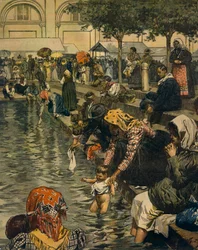 Pèlerinage à Caravaggio : Baignade dans les eaux miraculeuses, par Achille Beltrame, de La Domenica del Corriere