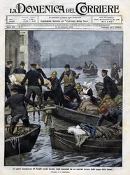 Sauvetage des malades à Paris lors des inondations de février 1910. Couverture de la "Domenica del Corriere". Illustration du 13 février 1910 par Achille Beltrame