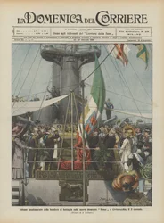 Élévation solennelle du drapeau de bataille sur le nouveau cuirassé Roma à Civitavecchia le 3 courant