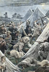 Afrique du Sud. Seconde Guerre des Boers. Attaque du camp anglais de Tweefontein (1902). Illustration par Achille Beltrame. Gravure.