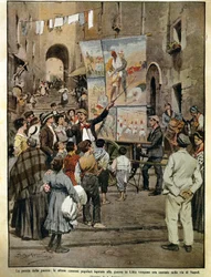 La Domenica del Corriere (journal italien du dimanche) du 8 décembre 1910, chansons populaires inspirées par la guerre en Libye chantées à Naples par des chanteurs de ballades, par Achille Beltrame, illustration