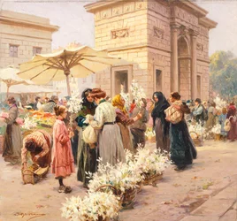 Le marché aux lys à Porta Garibaldi à Milan, par Achille Beltrame (1871-1945), de La Domenica del Corriere, Italie 20e siècle
