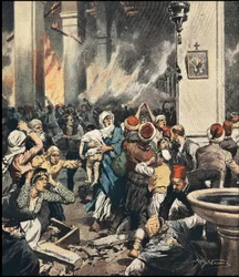 Les massacres des Arméniens en Turquie en 1909 à Adana, illustration par Achille Beltrame (1871-1945) dans « La Domenica del Corriere » de mai 1909