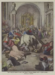 Taureau en fuite pénétrant en courant dans une église de Tarragone (Espagne) pendant la messe