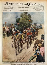 Tour de France, Learco Guerra (1902-1963) en tête du peloton, illustration par Achille Beltrame (1871-1945) de La Domenica del Corriere, 20 juillet