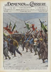 Parmi une fête de drapeaux et de fanions, les rangs des étudiants réunis à Bardonecchia de chaque