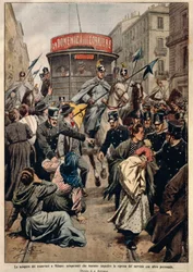 Grève des tramways à Milan, par Achille Beltrame, illustration, illustrateur Achille Beltrame (1871-1945), de La Domenica del Corriere