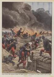 Tranchée française en Champagne inondée de pétrole par les Allemands puis incendiée avec des bombes