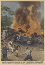 Un immense incendie éclate soudainement avec des cris de peur et le fracas des ferrailles sur la piste