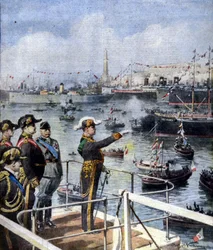 Visite de Benito Mussolini à Gênes. Le Duce salue la ville depuis le pont Esperia. Ill. de Beltrame. La Domenica del Corriere, 6/06/1926