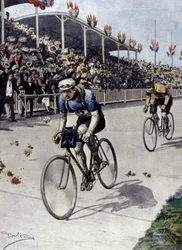 Cycliste Peer Breton, vainqueur du Tour de France en 1908. Illustration par Achille Beltrame