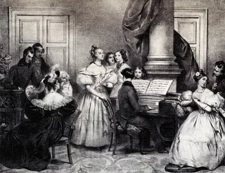 Concert familial avec piano, par Achille Deveria (1800-1857), gravure, France
