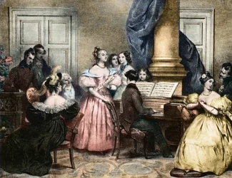 Soirée musicale - Soirée musicale autour du pianoforte - par Achille Devéria (1800-1857) vers 1840