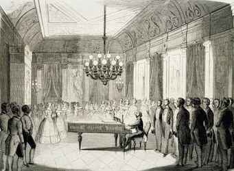 Soirée musicale avec piano, par Achille Deveria (1800-1857), gravure, France
