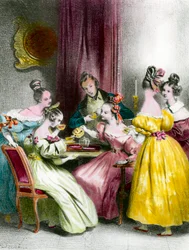 Un après-midi au Salon de thé sous la Restauration gravure par Achille Deveria (1800-1857) 19ème siècle Collection privée