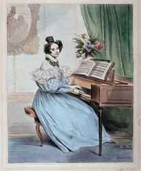 Sept heures du soir, femme au pianoforte par Devéria, début du 19e siècle