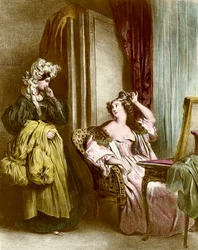 La toilette : une jeune femme élégante avec sa servante. Lithographie par Achille Devéria (1800-1857) 19ème siècle Collection Particulière