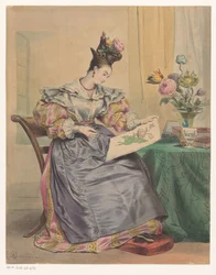 Femme coloriant une gravure