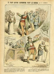 Illustration de Achille Lemot (1846-1909) dans Le Pèlerin, 03/09/05 - Il faut savoir contenter tout le monde - Anticléricalisme, Antimaçonnisme Franc-maçonnerie, Religion Foi, Médaille, Bloc des gauches, Catholicisme Catholique - Expulsions de religieux, L