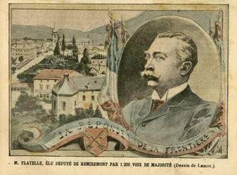 Illustration de Achille Lemot (1846-1909) dans Le Pèlerin, 07/02/04 - M. Flayelle, élu député de Remiremont par 1200 voix de majorité - Élections, Alsace Lorraine, Chambre des députés Hémicycle, Patriotisme, Frontières, Remiremont, Vosges - Député, Flayell