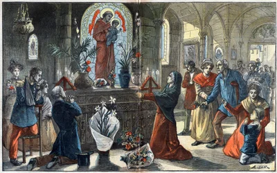 La dévotion à Saint Antoine de Padoue réunit devant son autel toutes les classes de la société - Illustration par Achille Lemot dans « Le Pèlerin » de 1896