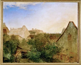 Blick ueber Wiener Vorstadthaeuser - Vue sur la banlieue de Vienne ... (peinture sur bois)